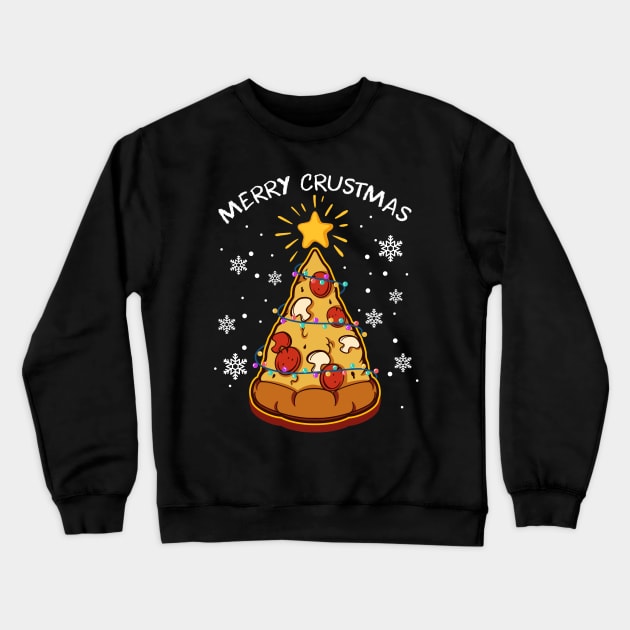 Merry Crustmas Pizza Christmas Tree With Xmas Tree Lights And Star Crewneck Sweatshirt by mittievance